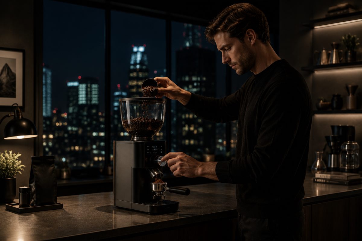 Beans being poured from a metal cup into the glass hopper of a grinder while a hand turns the adjustment dial, with a portafilter catching grounds below.