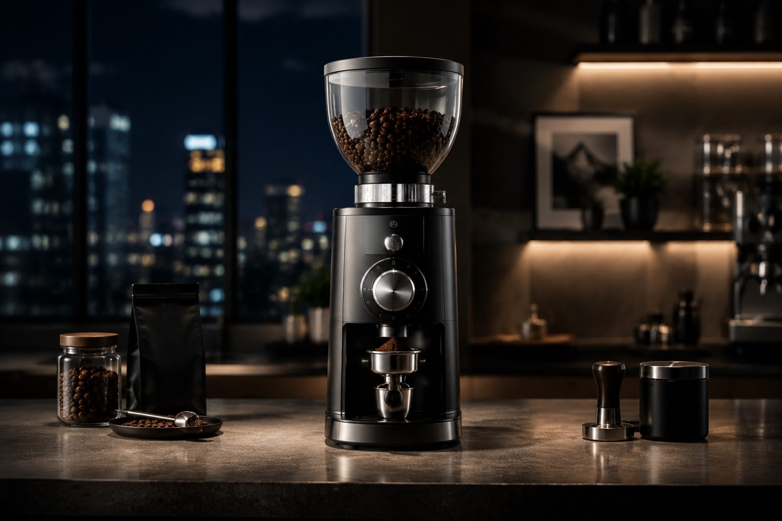 A matte-black CIMMERONX espresso grinder: glass bean hopper, numbered adjustment dial and a dosing cup under the chute, on a stone counter at night.
