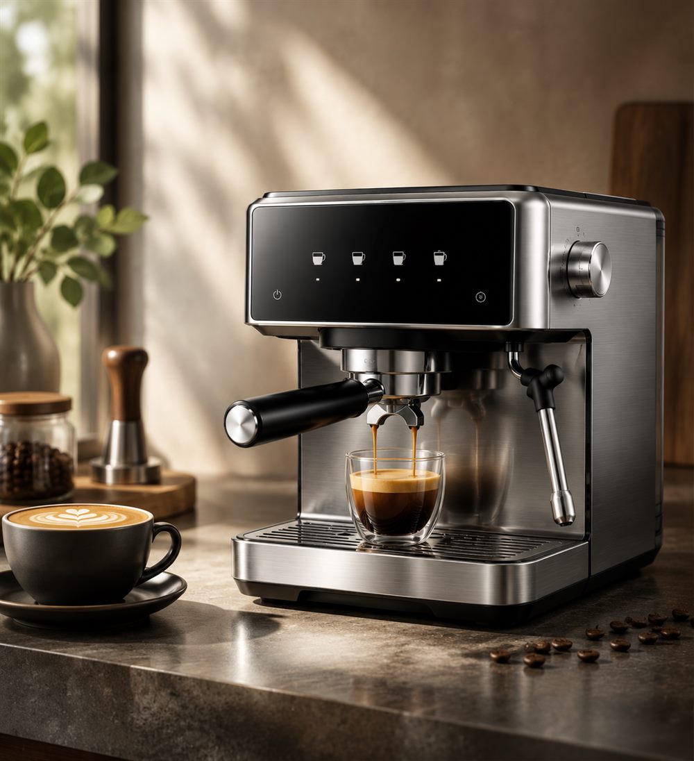 A stainless-steel espresso machine pulling a shot into a glass cup on a stone counter, with a tamper, a jar of beans and a finished cappuccino beside it.